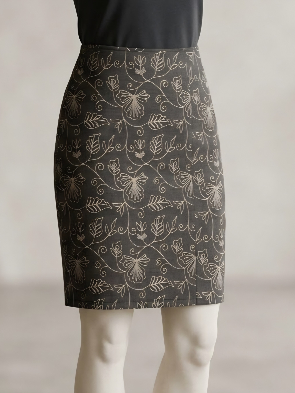 Liz Claiborne Charcoal Pencil Skirt with Cream Floral Print